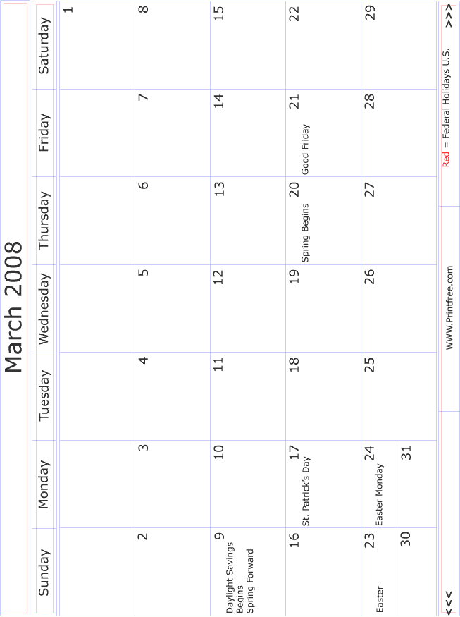 March 2008 Monthly Calendar