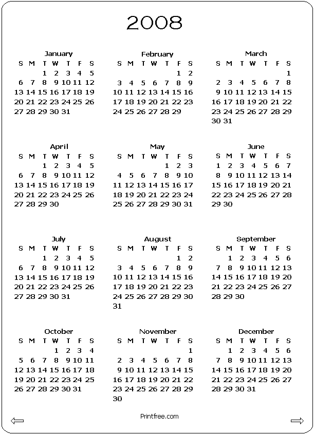 2008 Yearly Calendar Printable