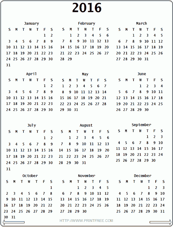 2016 Yearly Calendar 