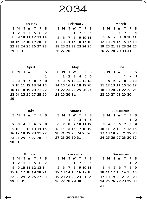 2034 Calendar