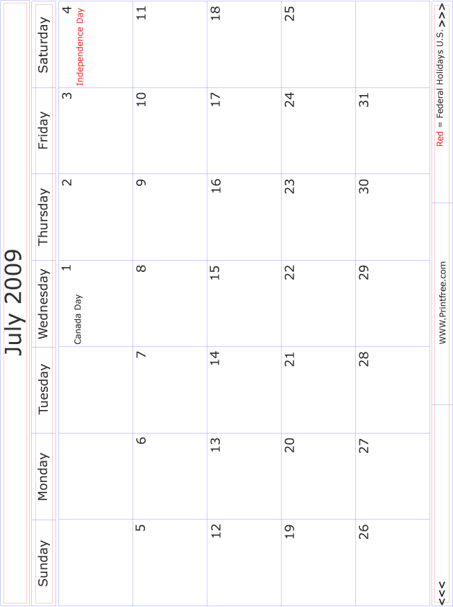 July 2009 Monthly Calendar